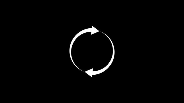 Circular refresh reload icon animation with rotating arrows on black background 4k video animation.