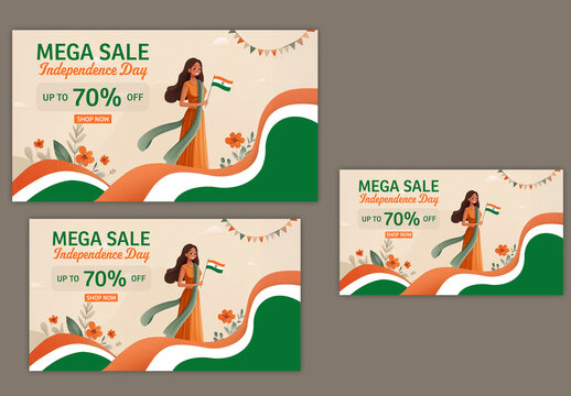 Editable Indian Independence Day Mega Sale Social Media TV Ads Banner Set with 70 Percent Discount, Tricolor Waves and Illustration of Woman Holding National Flag on Beige Background.