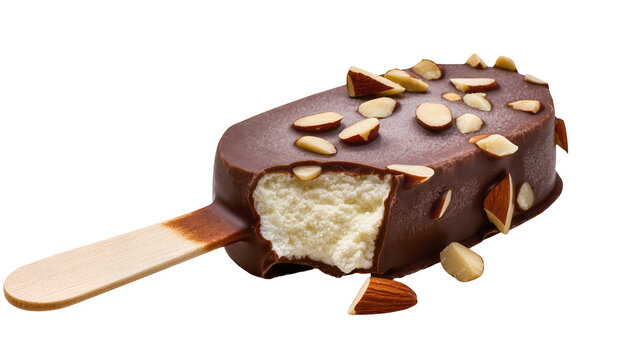 Chocolate covered ice cream bar with almonds and bite mark