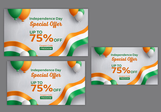 Editable Indian Independence Day Sale Social Media TV Ads Banner Set with Tricolor Balloons and Wavy National Flag Ribbon on Off White Background.