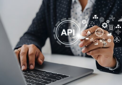 Businesswoman using laptop and stylus to interact with digital api software development icon
