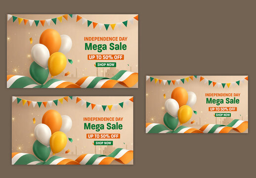 Editable Indian Independence Day Mega Sale Social Media TV Ads Banner Set with 50 Percent Discount, Tricolor Balloons and Ribbon Wave on Beige Silhouette Monument Background.