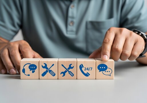 Close up of wooden blocks with service icons representing technical support and assistance