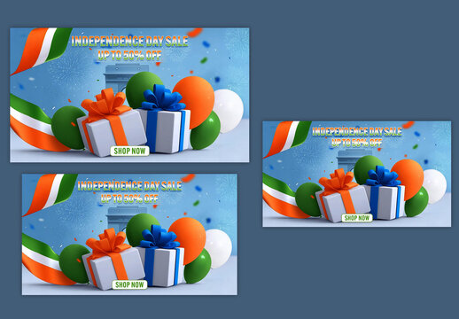 Editable Indian Independence Day Sale Social Media TV Ads Banner Set with 50 Percent Discount, 3D Gift Boxes, Tricolor Balloons and National Flag Ribbons on Blue India Gate Monument Background.