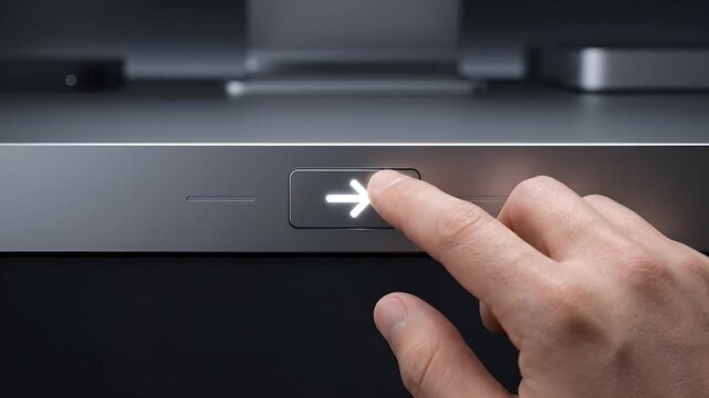 Close up of a hand pressing a digital power button with illuminated arrow symbol on a sleek black electronic device