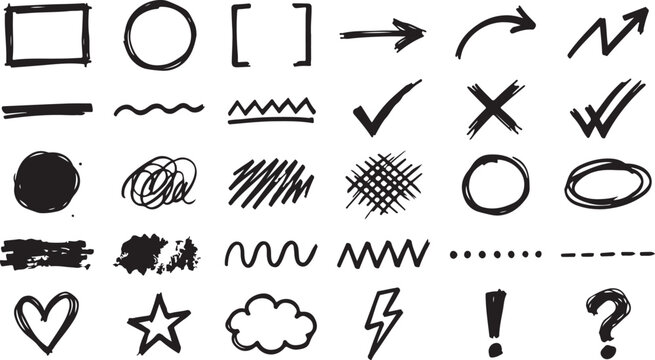 Collection of hand drawn sketch elements including arrows circles rectangles zigzags hearts stars clouds lightning bolts question marks and exclamation points on transparent background.