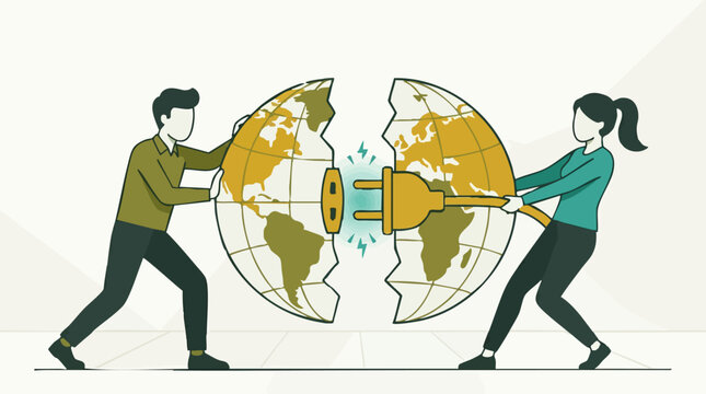 People connecting a broken world with a power plug, global unity concept