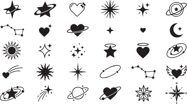 Collection of diverse celestial and heart shapes including stars constellations planets and abstract sunbursts and cosmic elements.