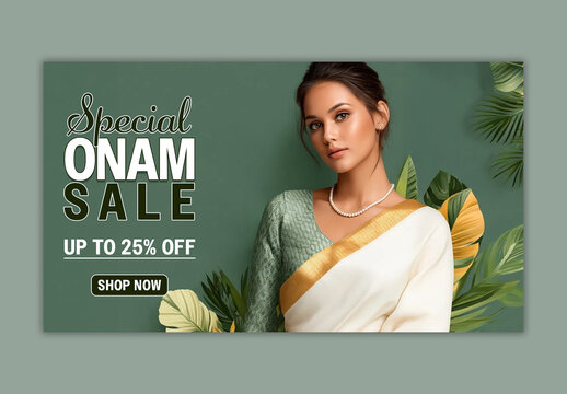 Editable Onam Sale TV Ads Banner Design with South Indian Woman in Traditional Kasavu Saree and 25 Percent Discount on Dark Green Background.