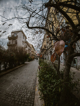 ​Vertical view of Via Paolo Sarpi in Milan, Italy during winter. Chinatown pedestrian street with cobblestone pavement, traditional red lanterns and a dry autumn leaf in the foreground