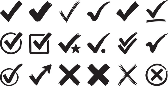Set of various hand-drawn check marks and crosses in different styles including circular and squared frames symbolizing confirmation.