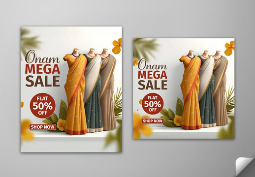 Editable Onam Mega Sale Social Media Post Set with 50 Percent Discount on Traditional Sarees Displayed on Mannequins.