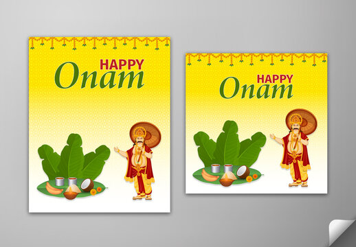 Editable Happy Onam Greeting Card Social Media Post Set with Illustration of King Mahabali Holding an Olakkuda Umbrella next to Traditional Sadya Feast on Banana Leaf over Yellow and White Background.