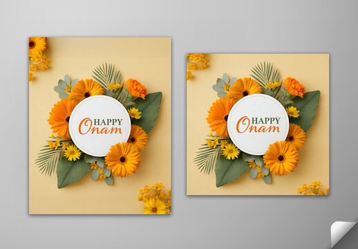 Editable Happy Onam Greeting Card Social Media Post Set with Tropical Leaves and Floral Decoration on Pastel Yellow Background.