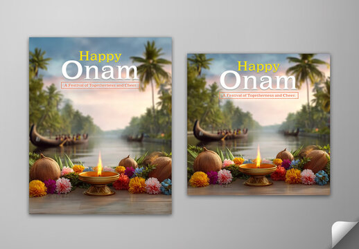 Editable Happy Onam Greeting Card Social Media Post Set with Traditional Oil Lamp (Burning Diya) Surrounded by Colorful Flowers and Coconuts in Kerala Backwaters Boats Background.