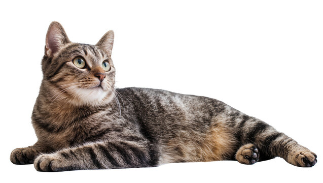 Tabby cat lying down looking up