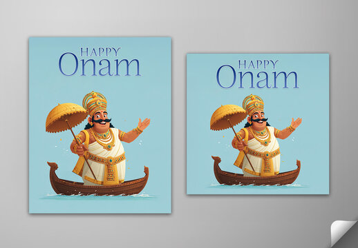 Editable Happy Onam Greeting Card Social Media Post Set with Illustration of King Mahabali Standing in Traditional Wooden Boat and Holding an Olakkuda Umbrella on Light Blue Background.