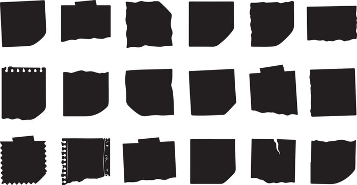 Collection of torn paper note shapes in black silhouettes on a transparent background, varied textures and edges for creative design.
