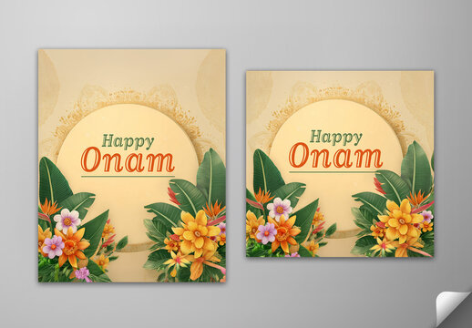 Editable Happy Onam Greeting Card Social Media Post Set with Tropical Leaves and Floral Decoration on Pastel Yellow Background.