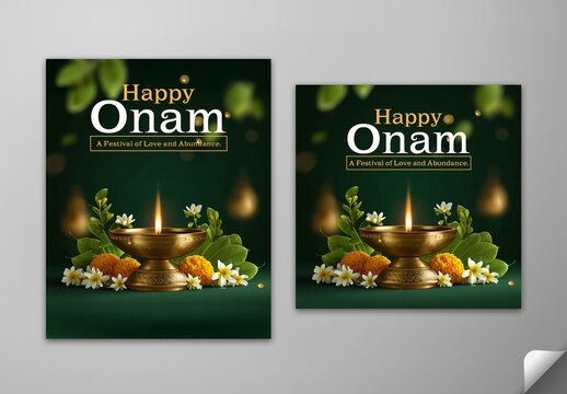 Editable Happy Onam Greeting Card Social Media Post Set with Traditional Oil Lamp (Burning Diya) and Floral Decoration on Green Background.