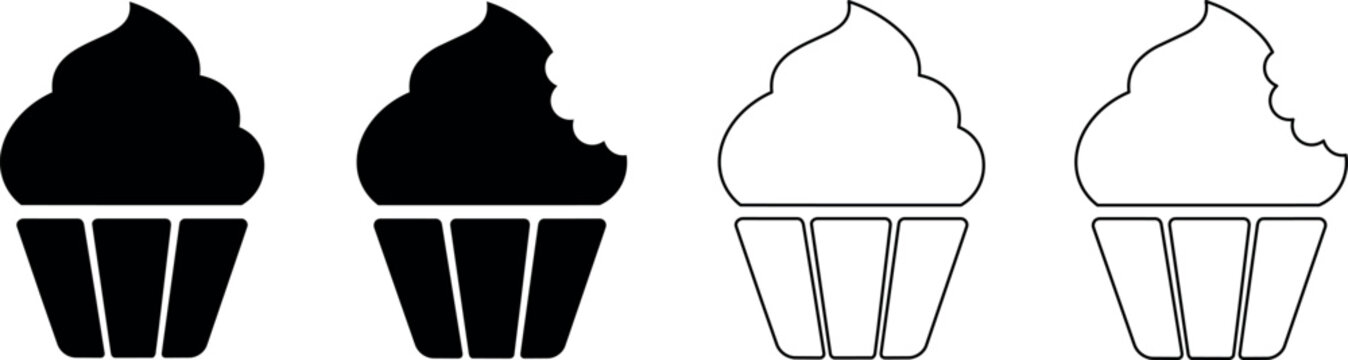 Set of cupcake icons, solid and outline, with and without bite marks