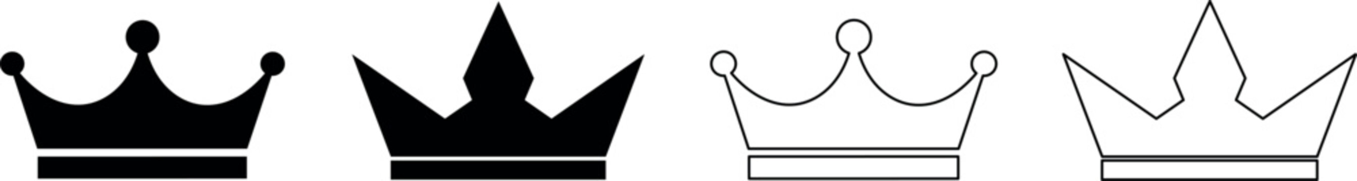 Collection of four distinct crown icons in black and white outlines