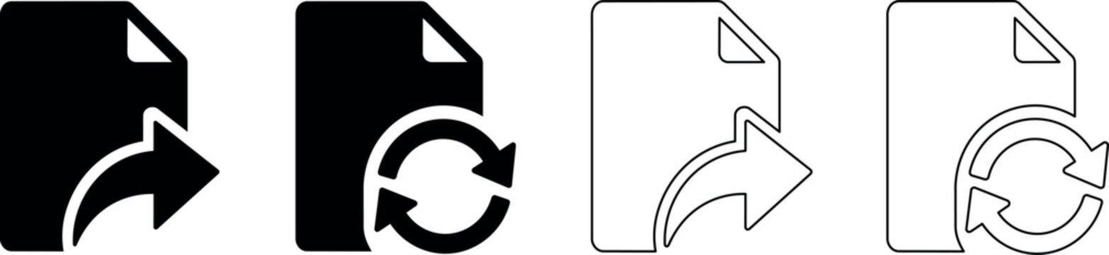 Document icons with refresh and share arrows, representing data management and transfer