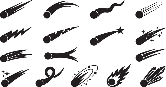 Comet icons, shooting stars, meteors, celestial bodies, cosmic elements, space objects for design, graphic resources.