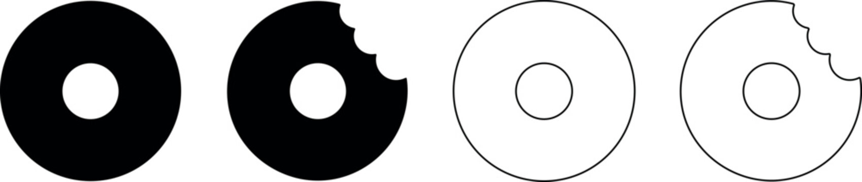 Four donuts in a row, two solid black and two outlines, one bitten