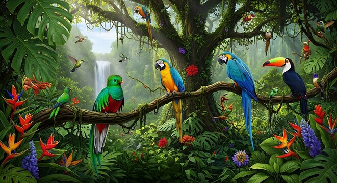 Vibrant tropical rainforest scene with exotic birds and waterfall.