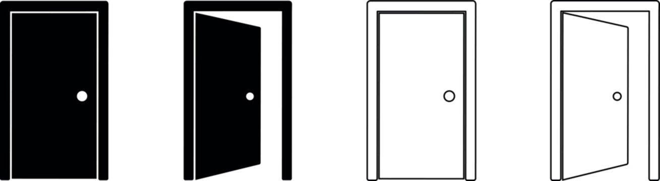 Set of four door icons, two solid black and two outline, showing closed and open states