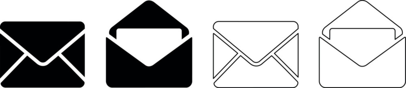 Set of four envelope icons, two solid black and two outline styles