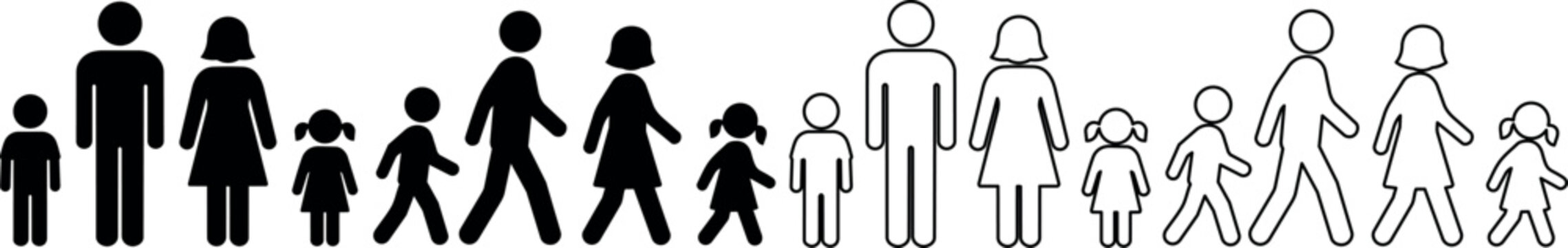 Diverse family groups depicted as simple stick figures in varying sizes