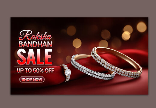 Editable Raksha Bandhan Sale TV Ads Banner Design with 50 Percent Discount Off and Diamond Studded Bangles on Red Boken Background.