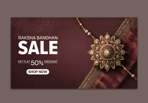Editable Raksha Bandhan Sale TV Ads Banner Design with 50 Percent Discount Off and Elegant Floral Rakhi Design on Dark Maroon Background.