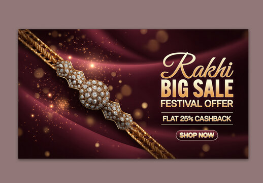 Editable Rakhi Festival Sale TV Ads Banner Design with 25 Percent Discount Off, Elegant Diamond Rakhi and Golden Thread on Maroon Fabric Bokeh Background for Happy Raksha Bandhan.
