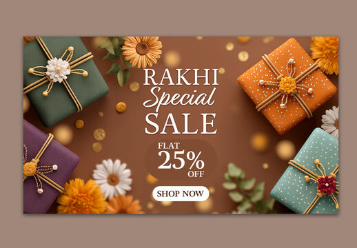 Editable Raksha Bandhan Sale TV Ads Banner Design with 25 Percent Discount Off, Flowers and Gift Boxes on Brown Background Top Photo.