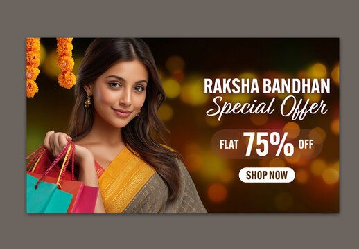 Editable Raksha Bandhan Sale TV Ads Banner Design with 75 Percent Discount Off and Indian Woman in Saree Holding Shopping Bags Photo.