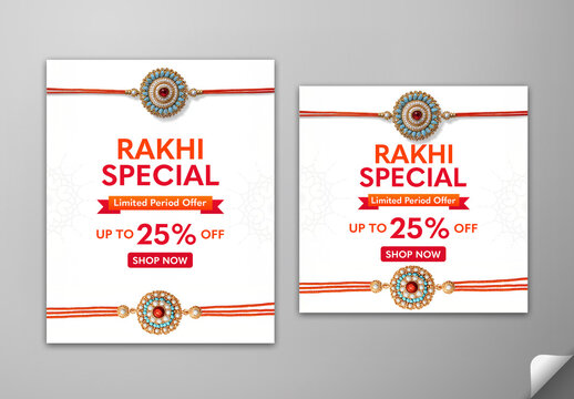 Editable Rakhi Special Sale Social Media Post Template Set with 25 Percent Discount Off and Beautiful Pearl Rakhi on White Background for Happy Raksha Bandhan Festival.
