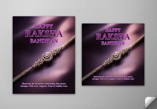 Editable Happy Raksha Bandhan Greeting Card Social Media Post Template Set with Beautiful Stones Rakhi on Dark Purple Background.