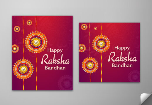 Editable Happy Raksha Bandhan Greeting Card Social Media Post Template Set with Beautiful Rakhi on Gradient Red and Purple Background.