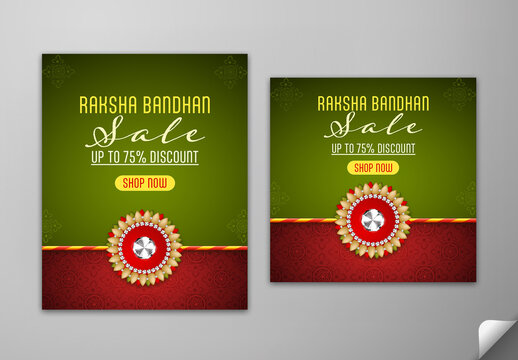 Editable Raksha Bandhan Sale Social Media Post Template Set with 75 Percent Discount Off in Green and Red Design.