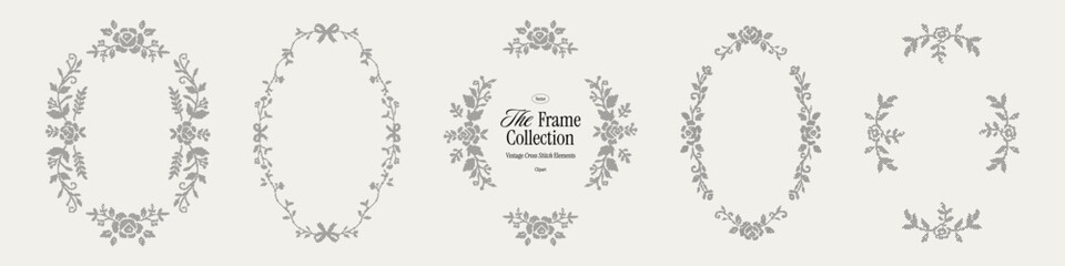 Vintage floral cross stitch frame collection, ornate borders. Elegant embroidered oval wreaths and botanical labels for whimsy wedding or birthday invitation cards. © Alena creator