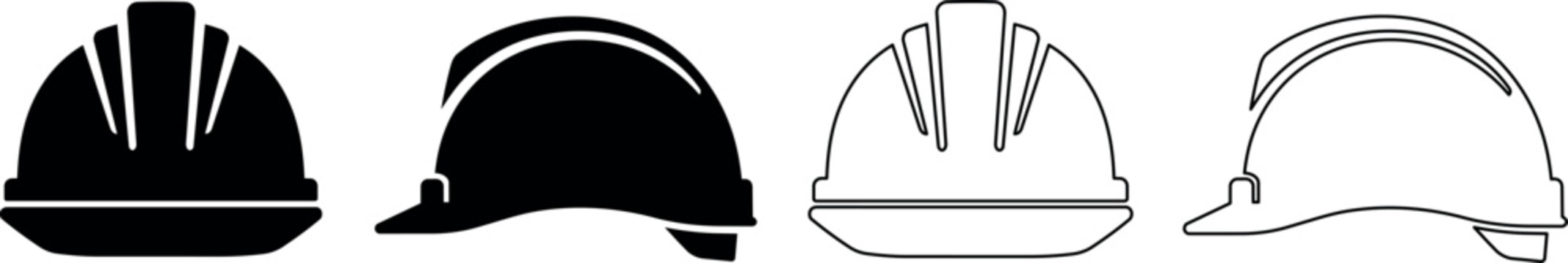Collection of hard hat icons in silhouette and outline styles for safety and construction