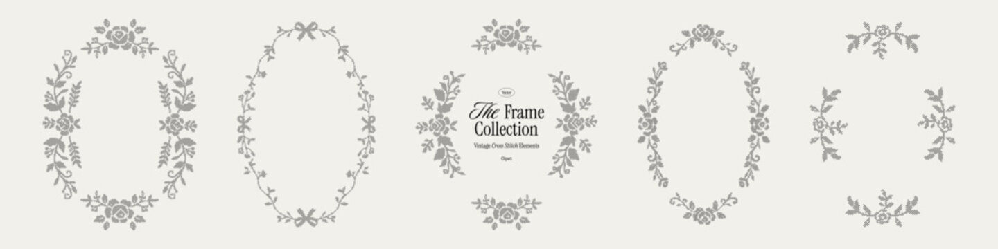 Vintage floral cross stitch frame collection, ornate borders. Elegant embroidered oval wreaths and botanical labels for whimsy wedding or birthday invitation cards.