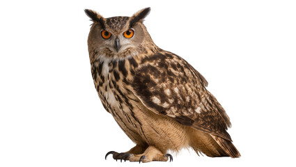 Fototapeta premium Eurasian Eagle Owl with bright orange eyes and patterned feathers
