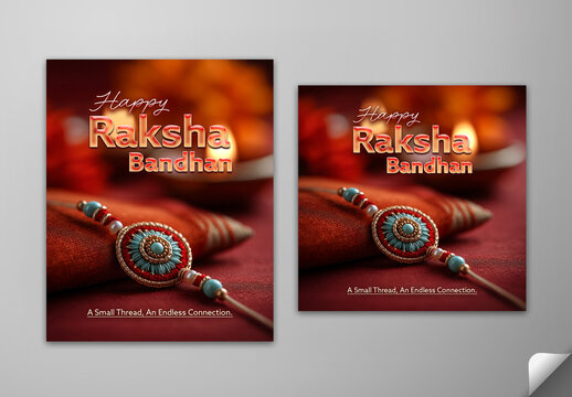 Editable Happy Raksha Bandhan Greeting Card Social Media Post Template Set with Beautiful Rakhi Placed on Pillow Photo.