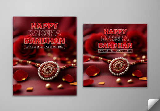 Editable Happy Raksha Bandhan Greeting Card Social Media Post Template Set with Beautiful Rakhi and Roses on Red Background.