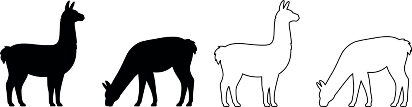 Collection of llama silhouettes in black and white, standing and grazing