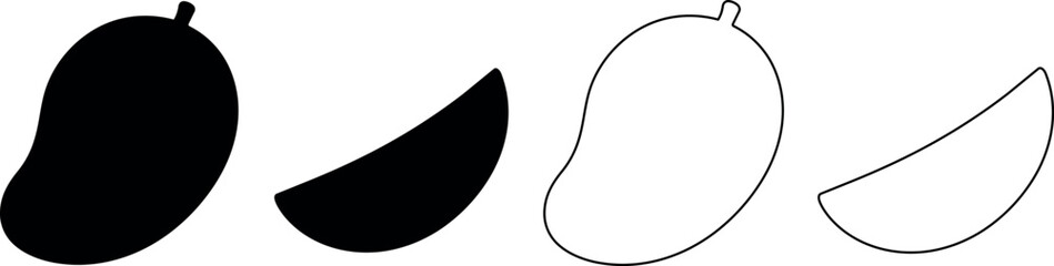 Simple black and white mango fruit icons and slices for design © Santiago